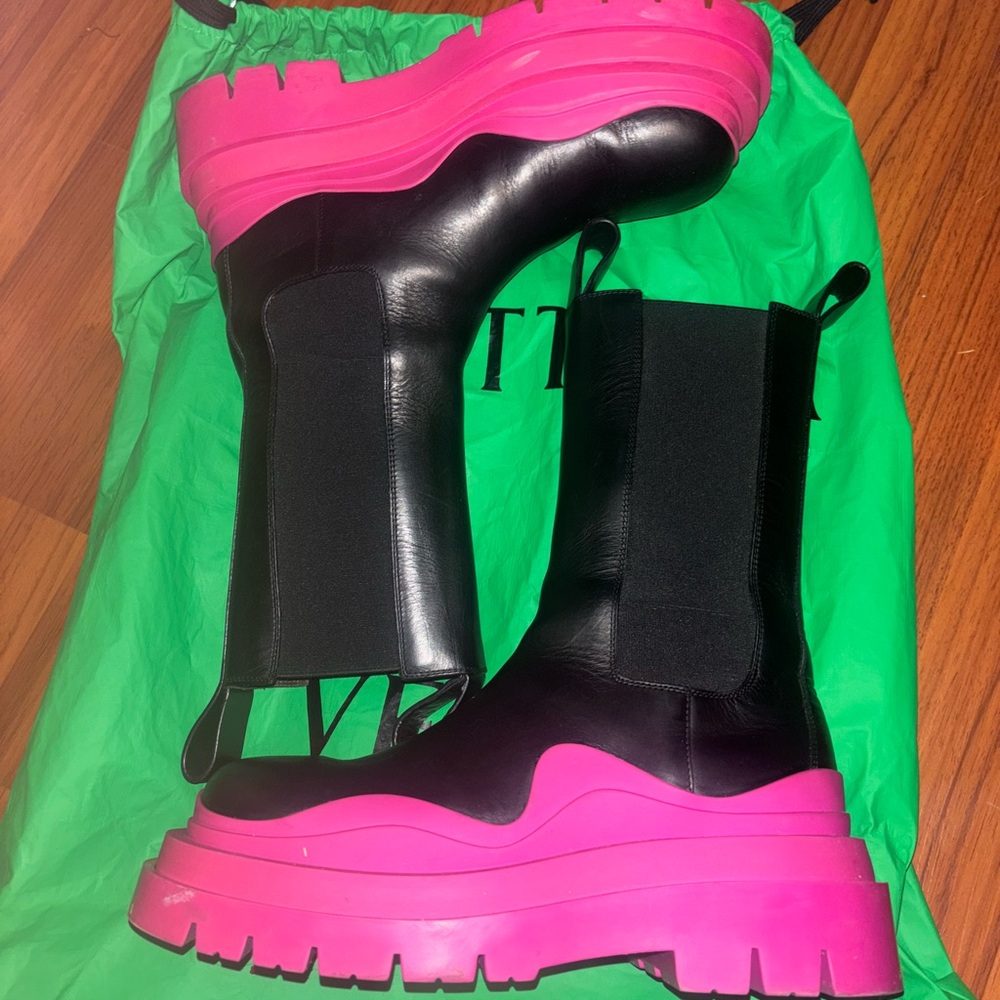 Black and Pink Chunky Heeled Boots with Platform Sole